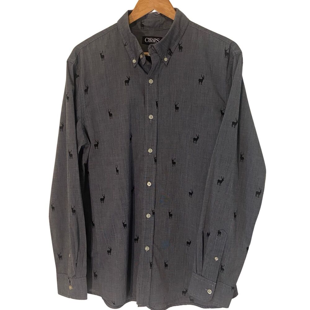Chaps Mens Large Dk Gray Moose Theme Button Down Shirt EUC Bonus Silk Tie